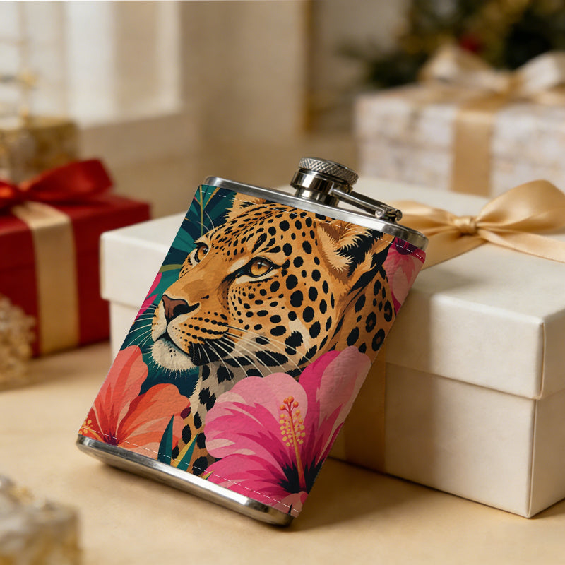 Leopard and tropical flowers 8oz Stainless Steel Whiskey Flask with Fashionable pattern print Design - Portable Outdoor Camping & Hunting Flask, Perfect for Tequila, Whiskey, and Spirits - Unique Father'S Day Christmas Gift