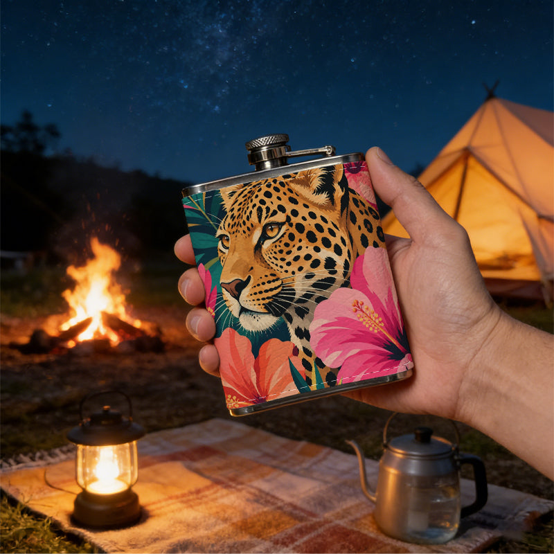 Leopard and tropical flowers 8oz Stainless Steel Whiskey Flask with Fashionable pattern print Design - Portable Outdoor Camping & Hunting Flask, Perfect for Tequila, Whiskey, and Spirits - Unique Father'S Day Christmas Gift