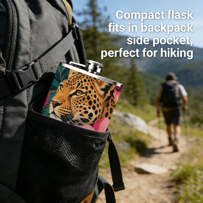 Leopard and tropical flowers 8oz Stainless Steel Whiskey Flask with Fashionable pattern print Design - Portable Outdoor Camping & Hunting Flask, Perfect for Tequila, Whiskey, and Spirits - Unique Father'S Day Christmas Gift