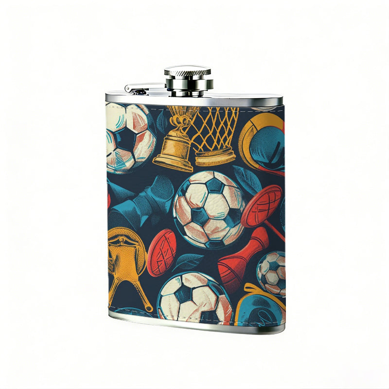 Sports pattern with footballs and trophies 8oz Stainless Steel Whiskey Flask with Fashionable pattern print Design - Portable Outdoor Camping & Hunting Flask, Perfect for Tequila, Whiskey, and Spirits - Unique Father'S Day Christmas Gift