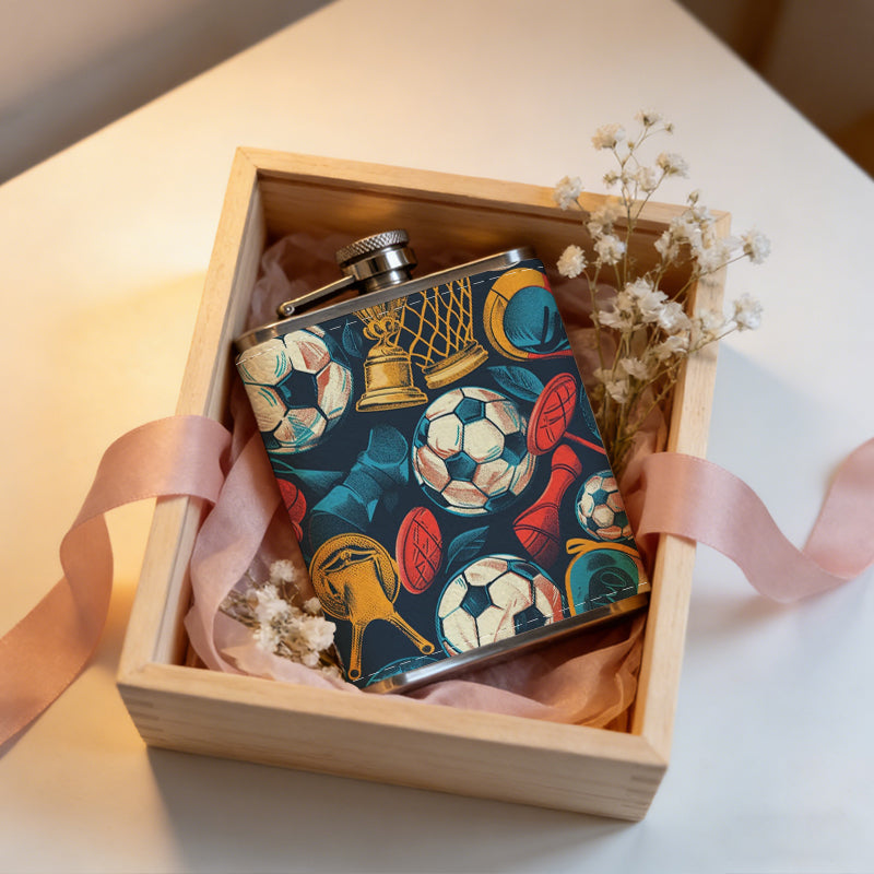 Sports pattern with footballs and trophies 8oz Stainless Steel Whiskey Flask with Fashionable pattern print Design - Portable Outdoor Camping & Hunting Flask, Perfect for Tequila, Whiskey, and Spirits - Unique Father'S Day Christmas Gift
