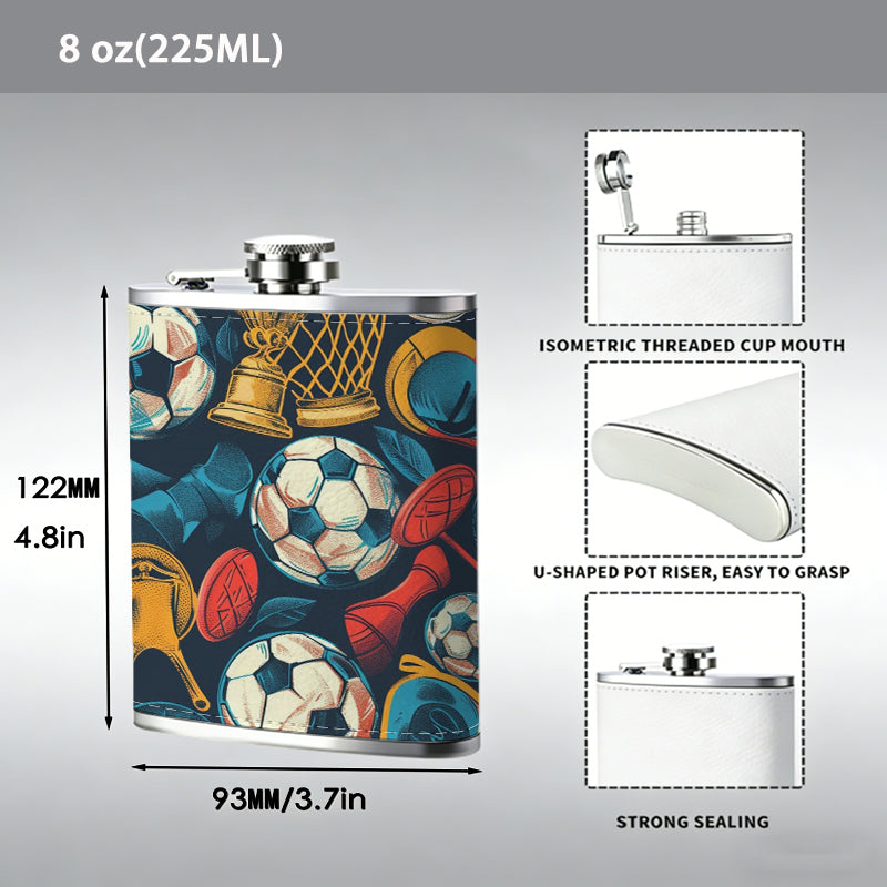 Sports pattern with footballs and trophies 8oz Stainless Steel Whiskey Flask with Fashionable pattern print Design - Portable Outdoor Camping & Hunting Flask, Perfect for Tequila, Whiskey, and Spirits - Unique Father'S Day Christmas Gift
