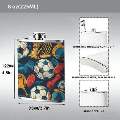 Sports pattern with footballs and trophies 8oz Stainless Steel Whiskey Flask with Fashionable pattern print Design - Portable Outdoor Camping & Hunting Flask, Perfect for Tequila, Whiskey, and Spirits - Unique Father'S Day Christmas Gift