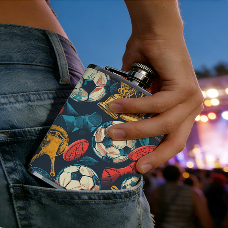 Sports pattern with footballs and trophies 8oz Stainless Steel Whiskey Flask with Fashionable pattern print Design - Portable Outdoor Camping & Hunting Flask, Perfect for Tequila, Whiskey, and Spirits - Unique Father'S Day Christmas Gift