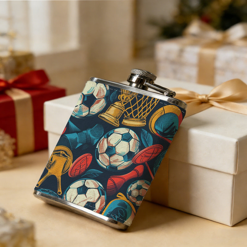 Sports pattern with footballs and trophies 8oz Stainless Steel Whiskey Flask with Fashionable pattern print Design - Portable Outdoor Camping & Hunting Flask, Perfect for Tequila, Whiskey, and Spirits - Unique Father'S Day Christmas Gift