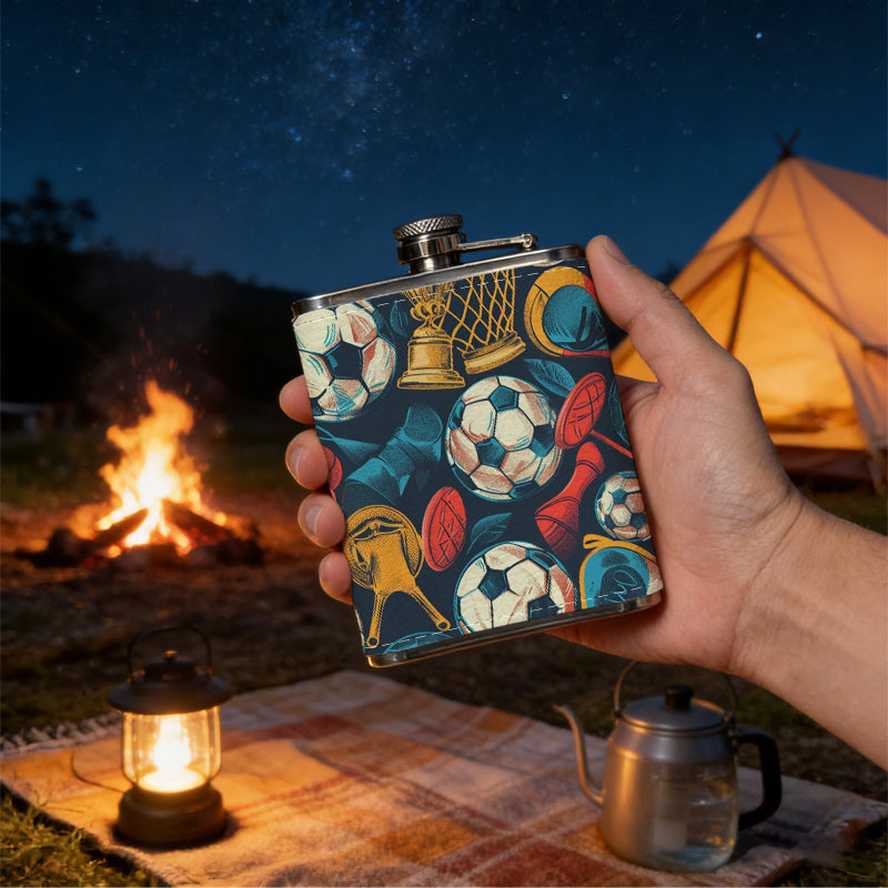 Sports pattern with footballs and trophies 8oz Stainless Steel Whiskey Flask with Fashionable pattern print Design - Portable Outdoor Camping & Hunting Flask, Perfect for Tequila, Whiskey, and Spirits - Unique Father'S Day Christmas Gift