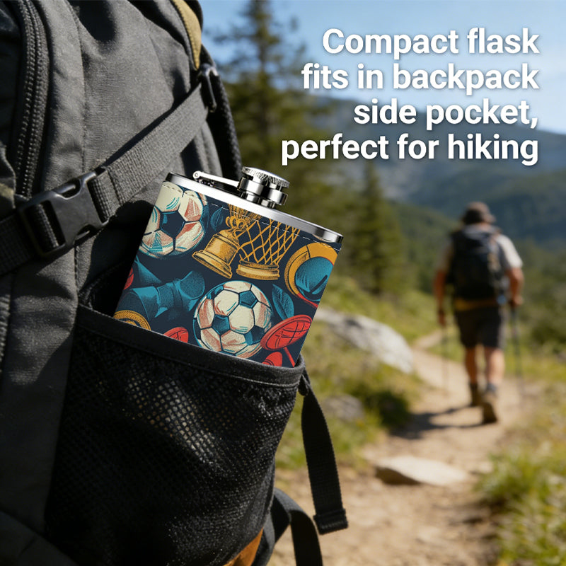 Sports pattern with footballs and trophies 8oz Stainless Steel Whiskey Flask with Fashionable pattern print Design - Portable Outdoor Camping & Hunting Flask, Perfect for Tequila, Whiskey, and Spirits - Unique Father'S Day Christmas Gift