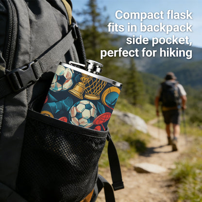 Sports pattern with footballs and trophies 8oz Stainless Steel Whiskey Flask with Fashionable pattern print Design - Portable Outdoor Camping & Hunting Flask, Perfect for Tequila, Whiskey, and Spirits - Unique Father'S Day Christmas Gift