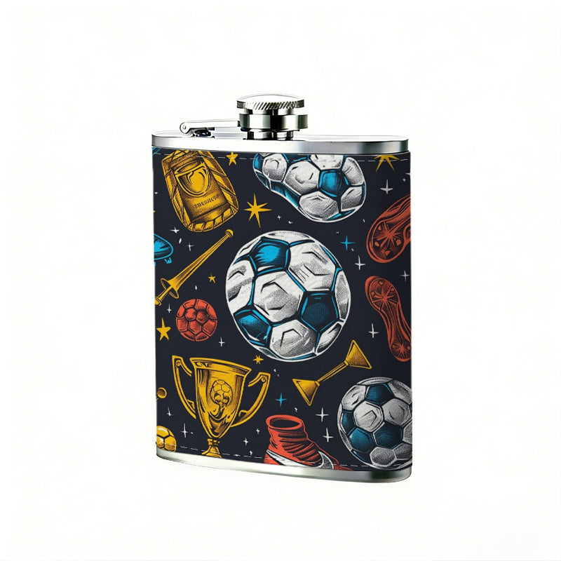 Soccer balls, trophies and boots pattern 8oz Stainless Steel Whiskey Flask with Fashionable pattern print Design - Portable Outdoor Camping & Hunting Flask, Perfect for Tequila, Whiskey, and Spirits - Unique Father'S Day Christmas Gift