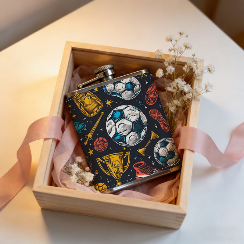 Soccer balls, trophies and boots pattern 8oz Stainless Steel Whiskey Flask with Fashionable pattern print Design - Portable Outdoor Camping & Hunting Flask, Perfect for Tequila, Whiskey, and Spirits - Unique Father'S Day Christmas Gift