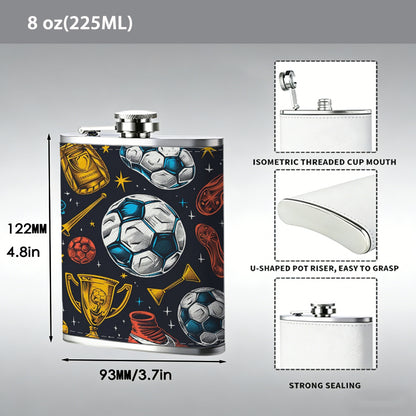 Soccer balls, trophies and boots pattern 8oz Stainless Steel Whiskey Flask with Fashionable pattern print Design - Portable Outdoor Camping & Hunting Flask, Perfect for Tequila, Whiskey, and Spirits - Unique Father'S Day Christmas Gift