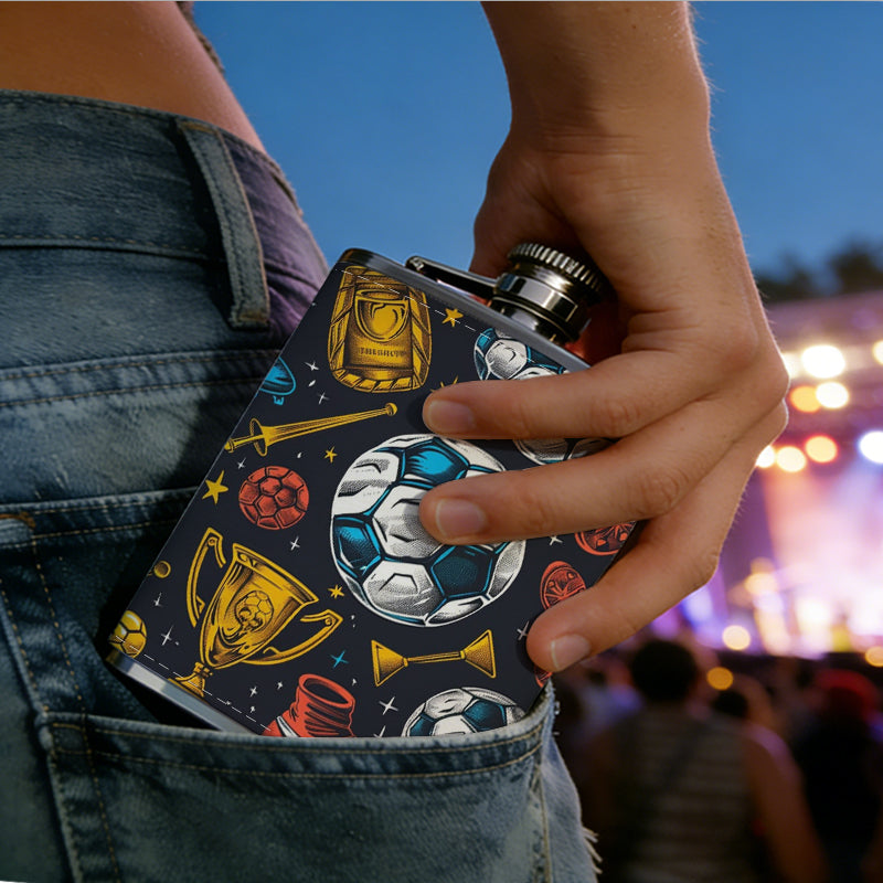 Soccer balls, trophies and boots pattern 8oz Stainless Steel Whiskey Flask with Fashionable pattern print Design - Portable Outdoor Camping & Hunting Flask, Perfect for Tequila, Whiskey, and Spirits - Unique Father'S Day Christmas Gift