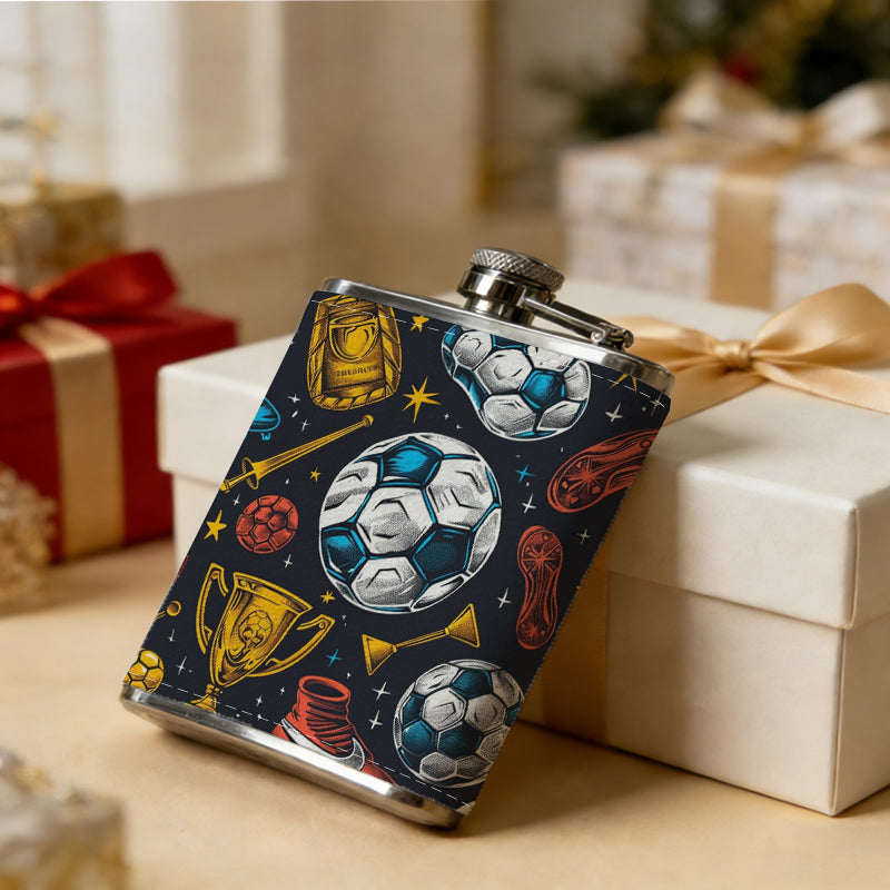 Soccer balls, trophies and boots pattern 8oz Stainless Steel Whiskey Flask with Fashionable pattern print Design - Portable Outdoor Camping & Hunting Flask, Perfect for Tequila, Whiskey, and Spirits - Unique Father'S Day Christmas Gift