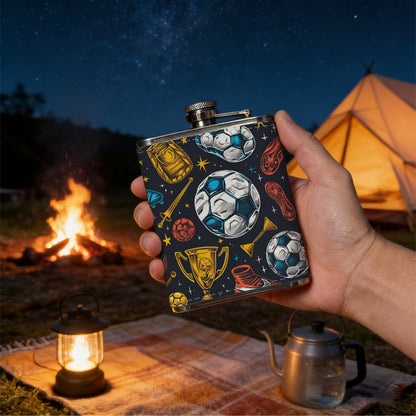 Soccer balls, trophies and boots pattern 8oz Stainless Steel Whiskey Flask with Fashionable pattern print Design - Portable Outdoor Camping & Hunting Flask, Perfect for Tequila, Whiskey, and Spirits - Unique Father'S Day Christmas Gift