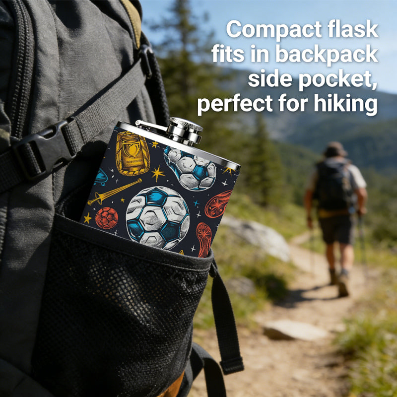 Soccer balls, trophies and boots pattern 8oz Stainless Steel Whiskey Flask with Fashionable pattern print Design - Portable Outdoor Camping & Hunting Flask, Perfect for Tequila, Whiskey, and Spirits - Unique Father'S Day Christmas Gift