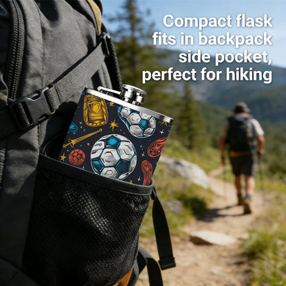 Soccer balls, trophies and boots pattern 8oz Stainless Steel Whiskey Flask with Fashionable pattern print Design - Portable Outdoor Camping & Hunting Flask, Perfect for Tequila, Whiskey, and Spirits - Unique Father'S Day Christmas Gift