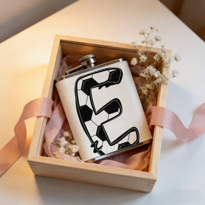 Letter E with soccer pattern 8oz Stainless Steel Whiskey Flask with Fashionable pattern print Design - Portable Outdoor Camping & Hunting Flask, Perfect for Tequila, Whiskey, and Spirits - Unique Father'S Day Christmas Gift