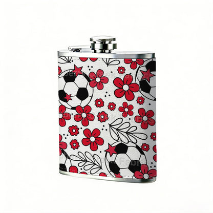 Red flowers and soccer balls pattern 8oz Stainless Steel Whiskey Flask with Fashionable pattern print Design - Portable Outdoor Camping & Hunting Flask, Perfect for Tequila, Whiskey, and Spirits - Unique Father'S Day Christmas Gift