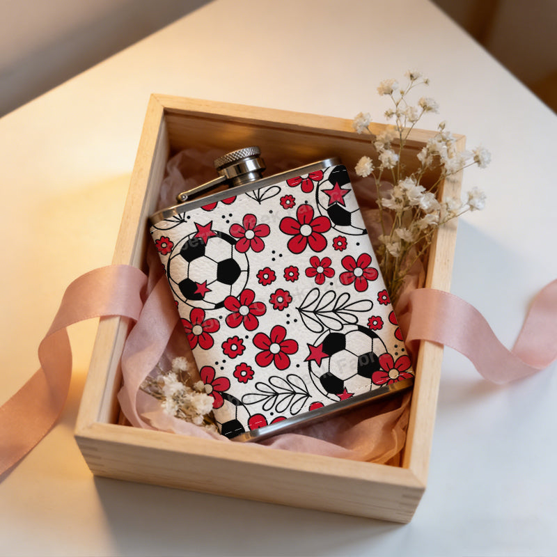 Red flowers and soccer balls pattern 8oz Stainless Steel Whiskey Flask with Fashionable pattern print Design - Portable Outdoor Camping & Hunting Flask, Perfect for Tequila, Whiskey, and Spirits - Unique Father'S Day Christmas Gift
