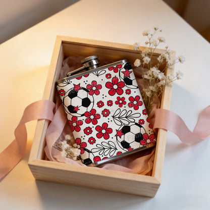 Red flowers and soccer balls pattern 8oz Stainless Steel Whiskey Flask with Fashionable pattern print Design - Portable Outdoor Camping & Hunting Flask, Perfect for Tequila, Whiskey, and Spirits - Unique Father'S Day Christmas Gift
