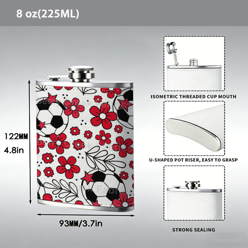 Red flowers and soccer balls pattern 8oz Stainless Steel Whiskey Flask with Fashionable pattern print Design - Portable Outdoor Camping & Hunting Flask, Perfect for Tequila, Whiskey, and Spirits - Unique Father'S Day Christmas Gift