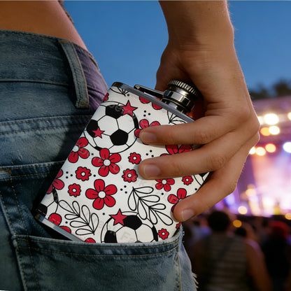 Red flowers and soccer balls pattern 8oz Stainless Steel Whiskey Flask with Fashionable pattern print Design - Portable Outdoor Camping & Hunting Flask, Perfect for Tequila, Whiskey, and Spirits - Unique Father'S Day Christmas Gift