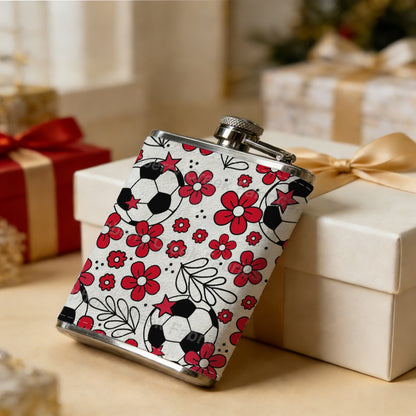 Red flowers and soccer balls pattern 8oz Stainless Steel Whiskey Flask with Fashionable pattern print Design - Portable Outdoor Camping & Hunting Flask, Perfect for Tequila, Whiskey, and Spirits - Unique Father'S Day Christmas Gift