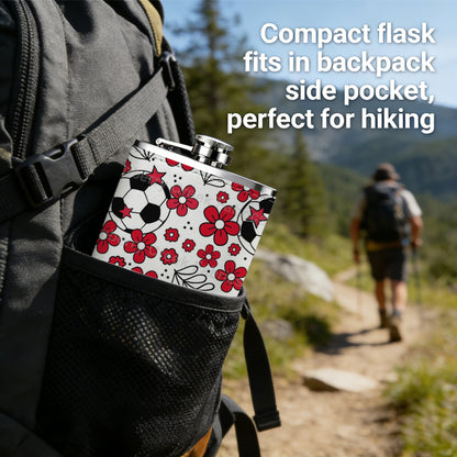 Red flowers and soccer balls pattern 8oz Stainless Steel Whiskey Flask with Fashionable pattern print Design - Portable Outdoor Camping & Hunting Flask, Perfect for Tequila, Whiskey, and Spirits - Unique Father'S Day Christmas Gift