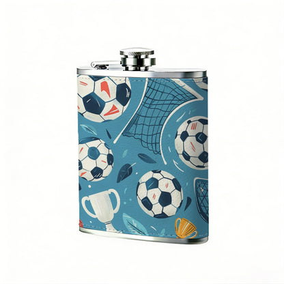 Soccer balls, goals and trophy patterns 8oz Stainless Steel Whiskey Flask with Fashionable pattern print Design - Portable Outdoor Camping & Hunting Flask, Perfect for Tequila, Whiskey, and Spirits - Unique Father'S Day Christmas Gift