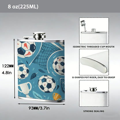 Soccer balls, goals and trophy patterns 8oz Stainless Steel Whiskey Flask with Fashionable pattern print Design - Portable Outdoor Camping & Hunting Flask, Perfect for Tequila, Whiskey, and Spirits - Unique Father'S Day Christmas Gift