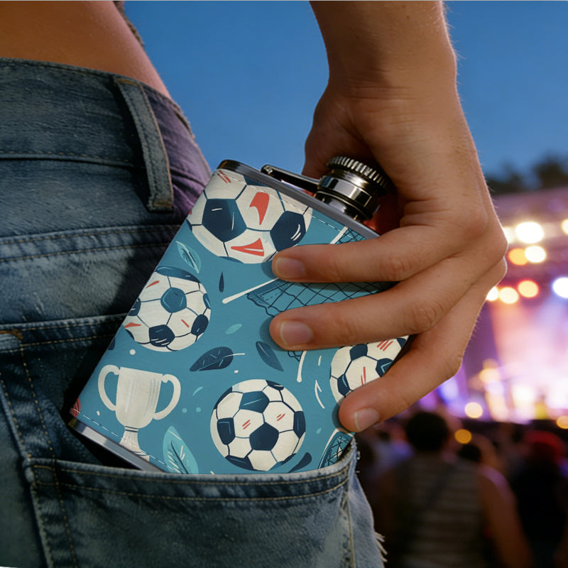 Soccer balls, goals and trophy patterns 8oz Stainless Steel Whiskey Flask with Fashionable pattern print Design - Portable Outdoor Camping & Hunting Flask, Perfect for Tequila, Whiskey, and Spirits - Unique Father'S Day Christmas Gift