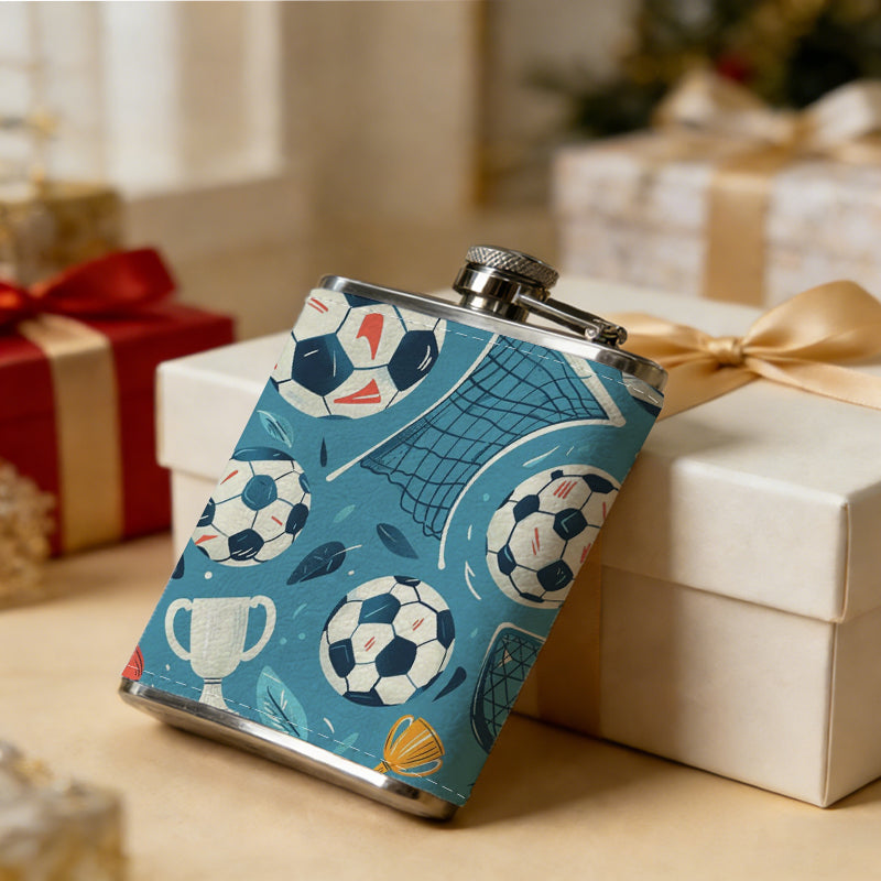 Soccer balls, goals and trophy patterns 8oz Stainless Steel Whiskey Flask with Fashionable pattern print Design - Portable Outdoor Camping & Hunting Flask, Perfect for Tequila, Whiskey, and Spirits - Unique Father'S Day Christmas Gift