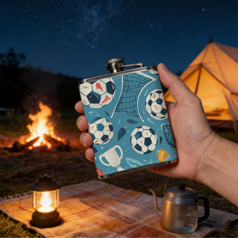 Soccer balls, goals and trophy patterns 8oz Stainless Steel Whiskey Flask with Fashionable pattern print Design - Portable Outdoor Camping & Hunting Flask, Perfect for Tequila, Whiskey, and Spirits - Unique Father'S Day Christmas Gift