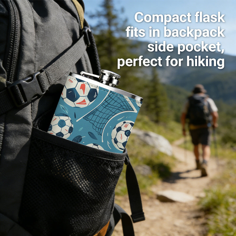 Soccer balls, goals and trophy patterns 8oz Stainless Steel Whiskey Flask with Fashionable pattern print Design - Portable Outdoor Camping & Hunting Flask, Perfect for Tequila, Whiskey, and Spirits - Unique Father'S Day Christmas Gift