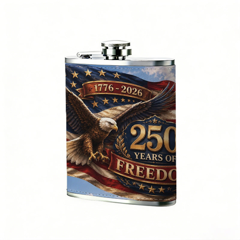 American flag with bald eagle and text 8oz Stainless Steel Whiskey Flask with Fashionable pattern print Design - Portable Outdoor Camping & Hunting Flask, Perfect for Tequila, Whiskey, and Spirits - Unique Father'S Day Christmas Gift