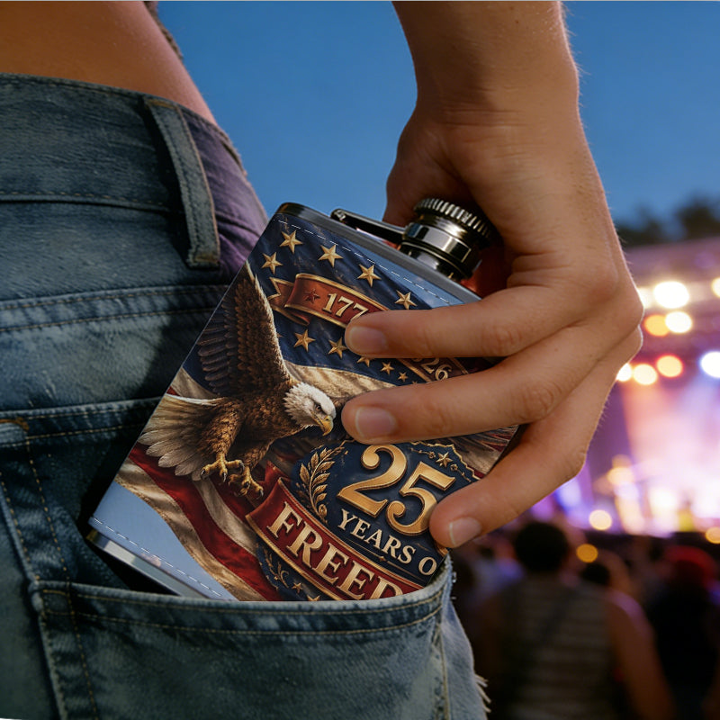 American flag with bald eagle and text 8oz Stainless Steel Whiskey Flask with Fashionable pattern print Design - Portable Outdoor Camping & Hunting Flask, Perfect for Tequila, Whiskey, and Spirits - Unique Father'S Day Christmas Gift
