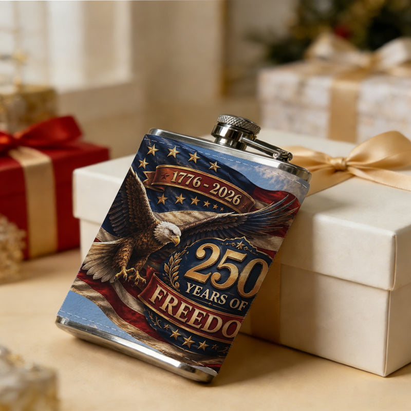 American flag with bald eagle and text 8oz Stainless Steel Whiskey Flask with Fashionable pattern print Design - Portable Outdoor Camping & Hunting Flask, Perfect for Tequila, Whiskey, and Spirits - Unique Father'S Day Christmas Gift