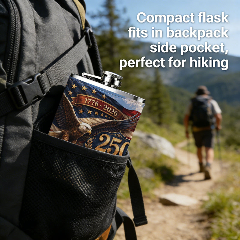American flag with bald eagle and text 8oz Stainless Steel Whiskey Flask with Fashionable pattern print Design - Portable Outdoor Camping & Hunting Flask, Perfect for Tequila, Whiskey, and Spirits - Unique Father'S Day Christmas Gift