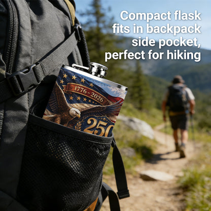 American flag with bald eagle and text 8oz Stainless Steel Whiskey Flask with Fashionable pattern print Design - Portable Outdoor Camping & Hunting Flask, Perfect for Tequila, Whiskey, and Spirits - Unique Father'S Day Christmas Gift