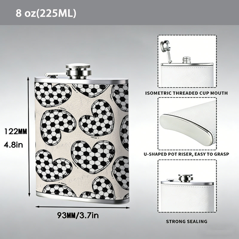 Soccer textured heart patterns 8oz Stainless Steel Whiskey Flask with Fashionable pattern print Design - Portable Outdoor Camping & Hunting Flask, Perfect for Tequila, Whiskey, and Spirits - Unique Father'S Day Christmas Gift