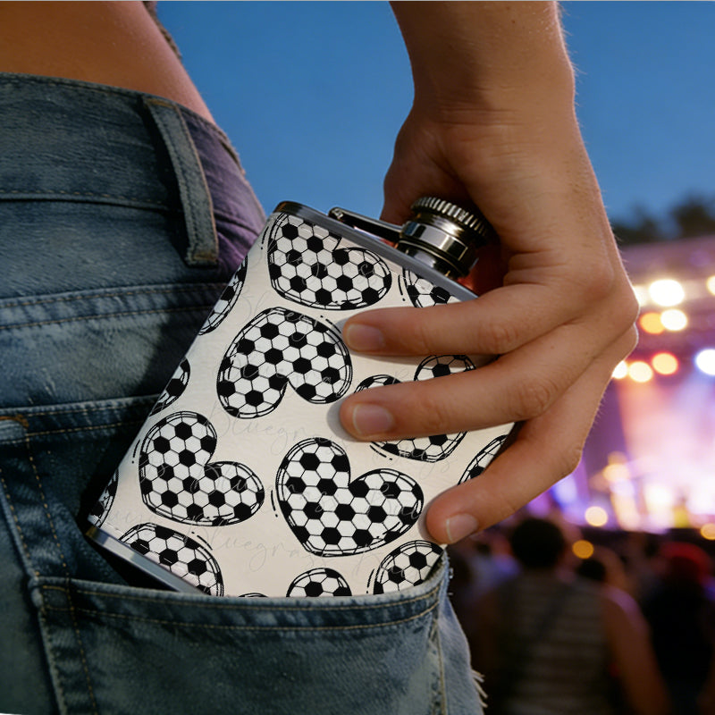 Soccer textured heart patterns 8oz Stainless Steel Whiskey Flask with Fashionable pattern print Design - Portable Outdoor Camping & Hunting Flask, Perfect for Tequila, Whiskey, and Spirits - Unique Father'S Day Christmas Gift