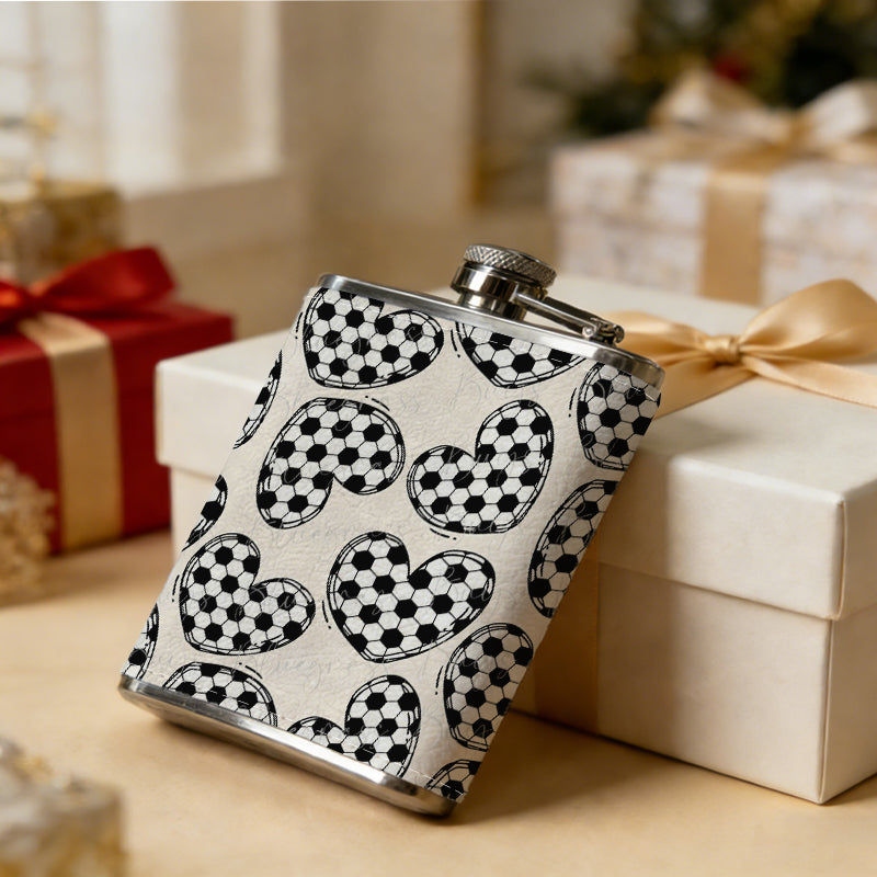 Soccer textured heart patterns 8oz Stainless Steel Whiskey Flask with Fashionable pattern print Design - Portable Outdoor Camping & Hunting Flask, Perfect for Tequila, Whiskey, and Spirits - Unique Father'S Day Christmas Gift