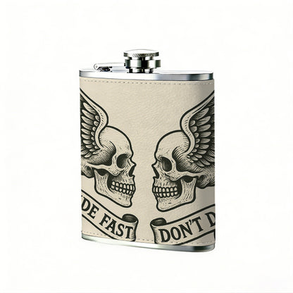 Two winged skulls with text banners 8oz Stainless Steel Whiskey Flask with Fashionable pattern print Design - Portable Outdoor Camping & Hunting Flask, Perfect for Tequila, Whiskey, and Spirits - Unique Father'S Day Christmas Gift