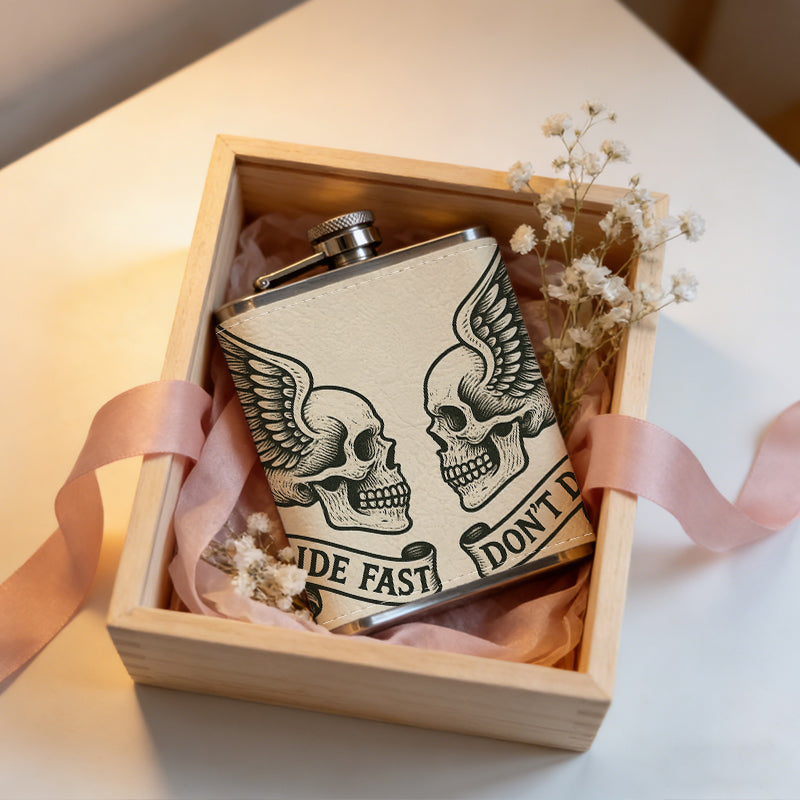 Two winged skulls with text banners 8oz Stainless Steel Whiskey Flask with Fashionable pattern print Design - Portable Outdoor Camping & Hunting Flask, Perfect for Tequila, Whiskey, and Spirits - Unique Father'S Day Christmas Gift