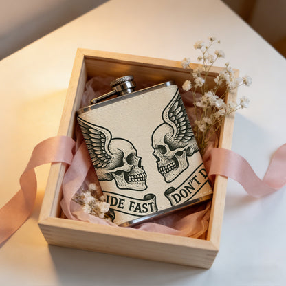 Two winged skulls with text banners 8oz Stainless Steel Whiskey Flask with Fashionable pattern print Design - Portable Outdoor Camping & Hunting Flask, Perfect for Tequila, Whiskey, and Spirits - Unique Father'S Day Christmas Gift