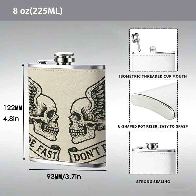 Two winged skulls with text banners 8oz Stainless Steel Whiskey Flask with Fashionable pattern print Design - Portable Outdoor Camping & Hunting Flask, Perfect for Tequila, Whiskey, and Spirits - Unique Father'S Day Christmas Gift