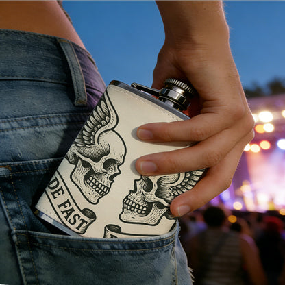 Two winged skulls with text banners 8oz Stainless Steel Whiskey Flask with Fashionable pattern print Design - Portable Outdoor Camping & Hunting Flask, Perfect for Tequila, Whiskey, and Spirits - Unique Father'S Day Christmas Gift