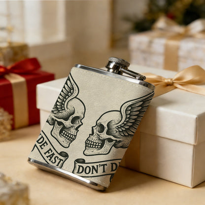 Two winged skulls with text banners 8oz Stainless Steel Whiskey Flask with Fashionable pattern print Design - Portable Outdoor Camping & Hunting Flask, Perfect for Tequila, Whiskey, and Spirits - Unique Father'S Day Christmas Gift