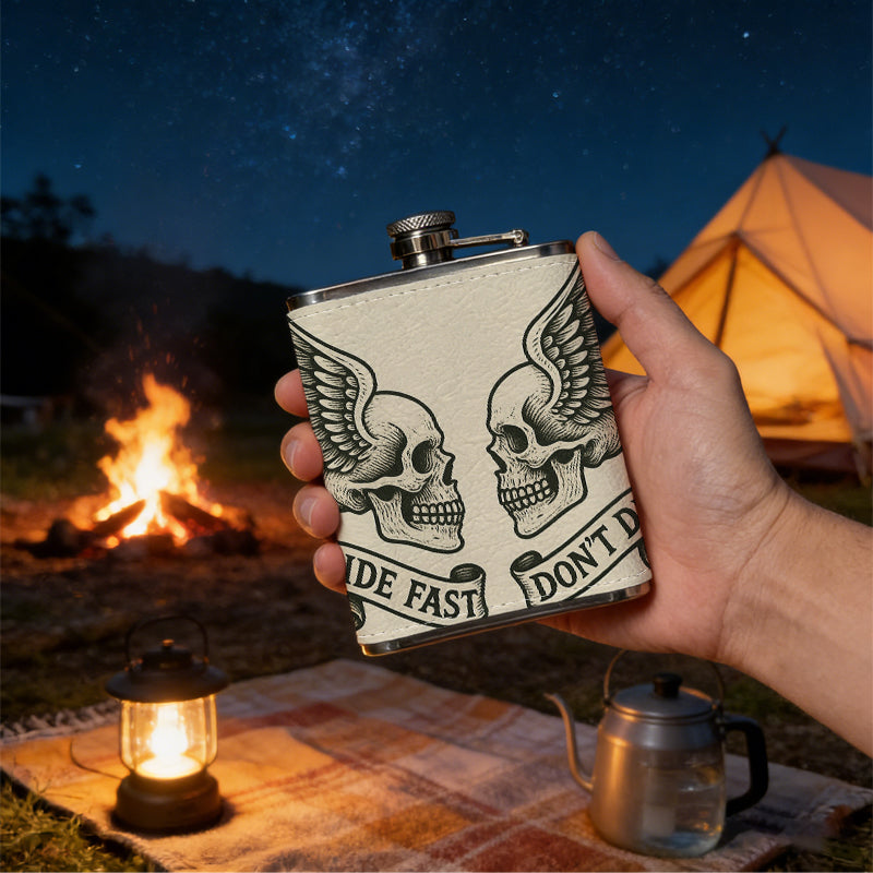 Two winged skulls with text banners 8oz Stainless Steel Whiskey Flask with Fashionable pattern print Design - Portable Outdoor Camping & Hunting Flask, Perfect for Tequila, Whiskey, and Spirits - Unique Father'S Day Christmas Gift