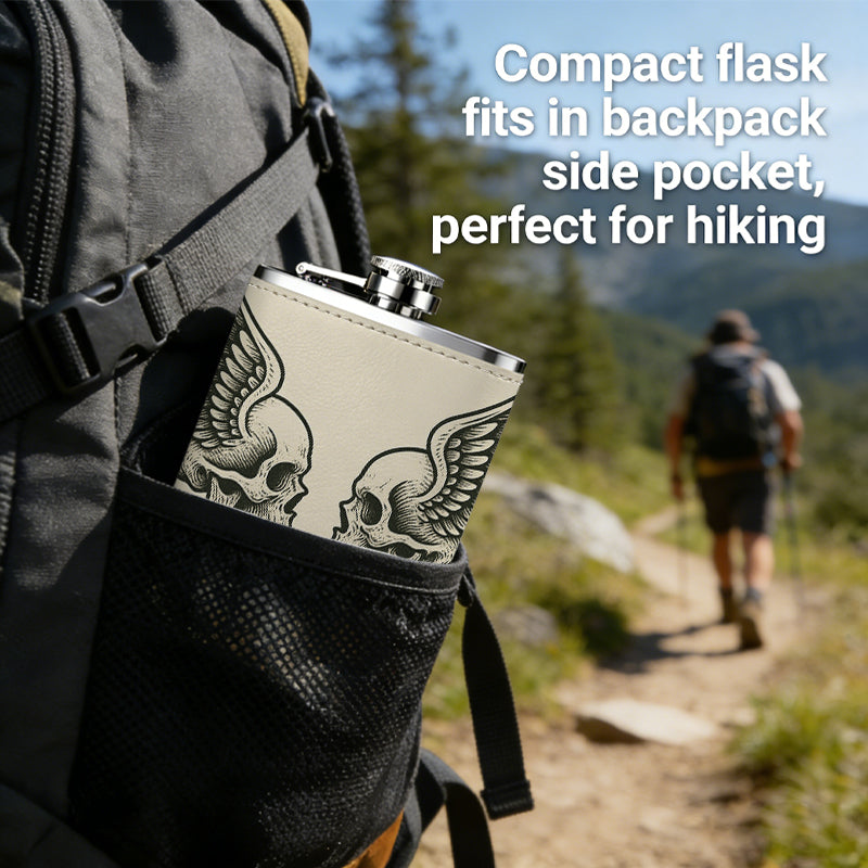 Two winged skulls with text banners 8oz Stainless Steel Whiskey Flask with Fashionable pattern print Design - Portable Outdoor Camping & Hunting Flask, Perfect for Tequila, Whiskey, and Spirits - Unique Father'S Day Christmas Gift
